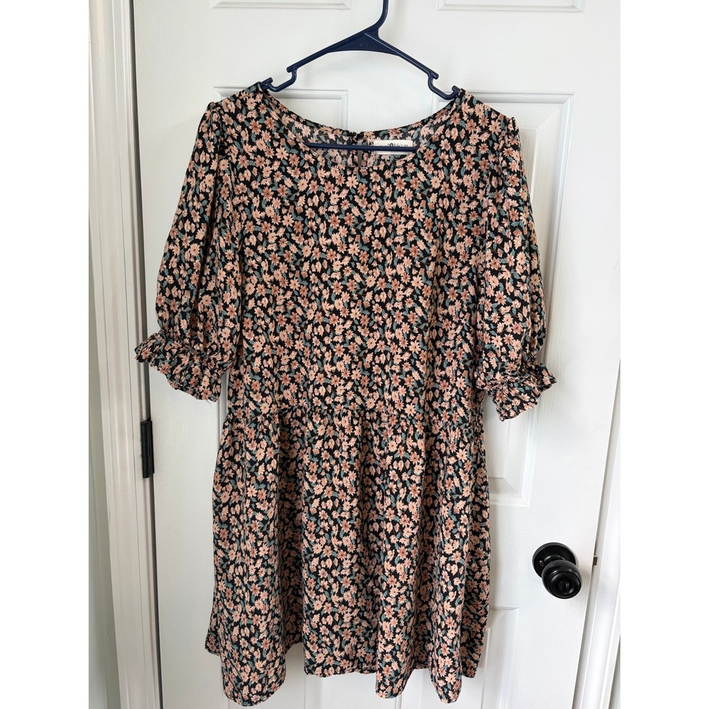 Natural Life Ditsy Floral Babydoll Dress Black Ruffle Sleeve L/XL Cottagecore